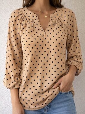 ezra Beige Polka Dot Split-Neck Blouse